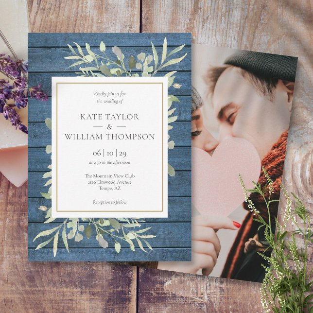 Marinblå Grönska Guld Rustik Foto Bröllop Inbjudningar (Navy Blue Greenery Gold Rustic Photo Wedding Invitation)