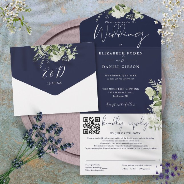 Marinblå Grönska Monogram QR-kod Bröllop (Navy Blue Greenery Monogram QR Code Wedding All In One Invitation)
