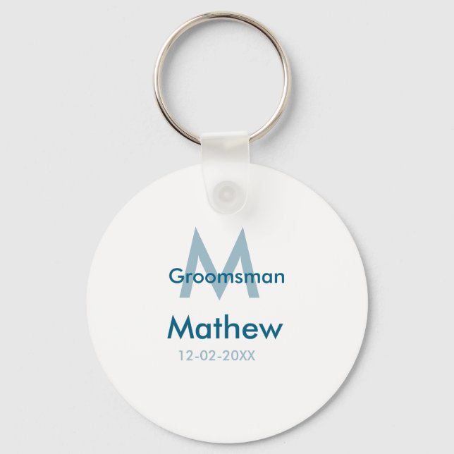 Marinblå groomsman namn bokstav datum manlig per nyckelring (Framsida)