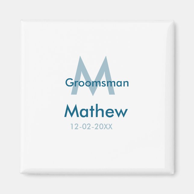 Marinblå groomsman namn bokstav datum maskulin per magnet (Framsidan)