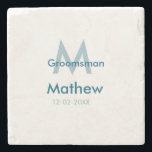 Marinblå groomsman namn bokstav datum maskulin per stenunderlägg<br><div class="desc">design</div>