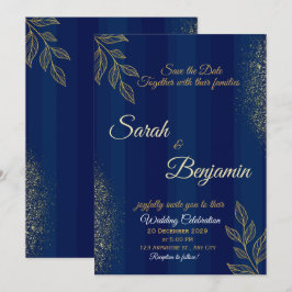 Marinblå Gul Elegant Bröllopsinbjudan Inbjudningar