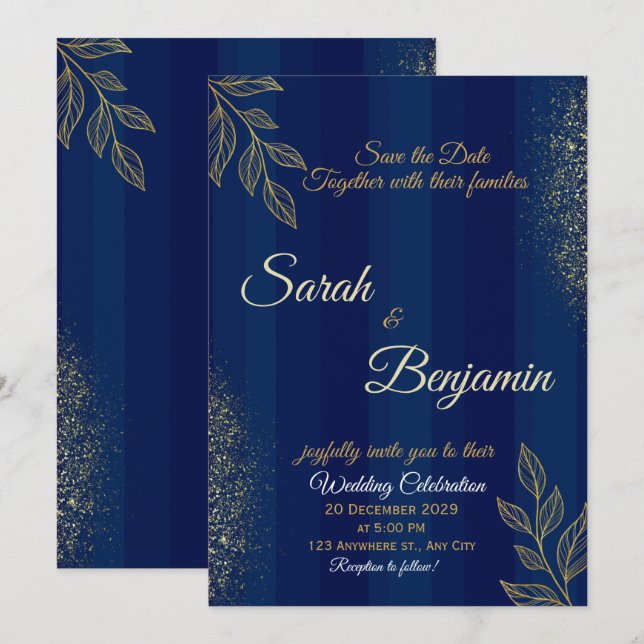 Marinblå Gul Elegant Bröllopsinbjudan Inbjudningar (Fram/baksida)