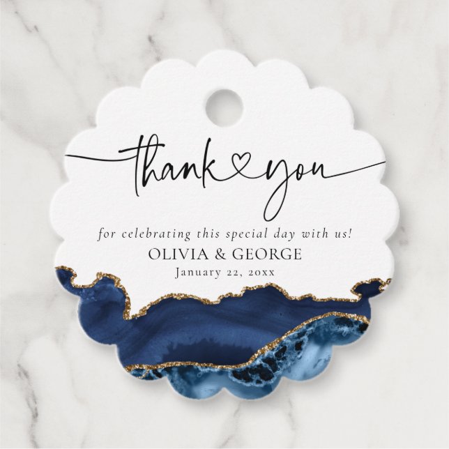 Marinblå Guld Agat Bröllop Tack Gåvokort Gåvor Etiketter (Framsida)