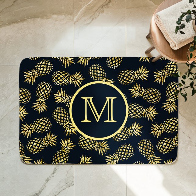 Marinblå Guld Ananas Mönster Monogram Badrumsmatta (Skapare uppladdad)