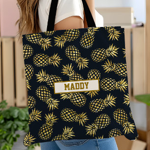 Marinblå Guld Ananas Mönster Monogram Tygkasse