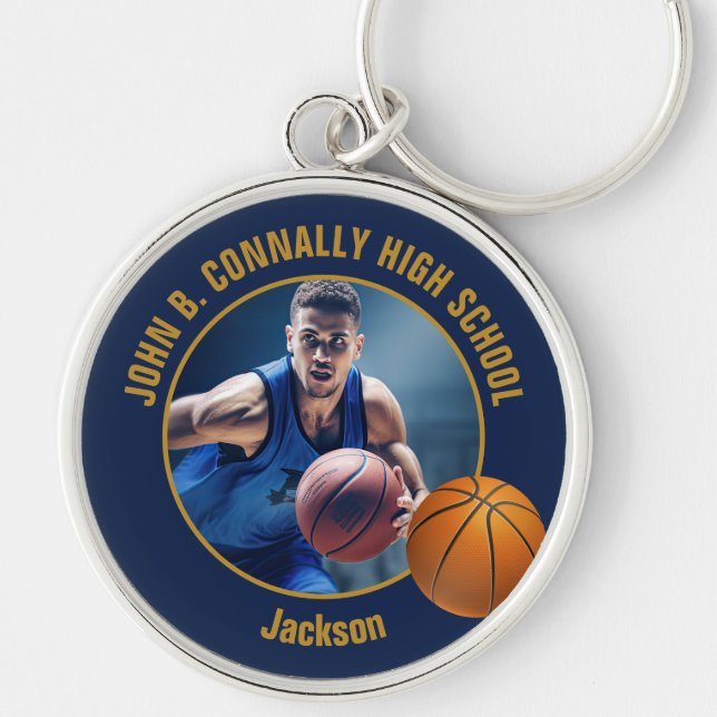 Marinblå Guld Basketspelarfoto Rund Silverfärgad Nyckelring (Framsidan)
