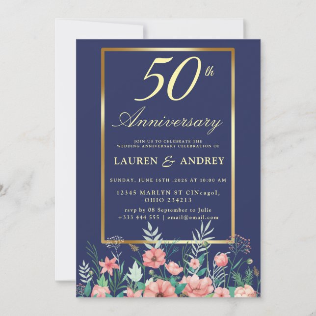 Marinblå Guld Blommig 50-års bröllopsdag Inbjudningar (Framsida)