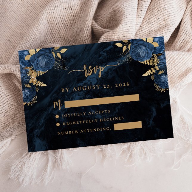 Marinblå Guld Blommig Agat Skrift Bröllop RSVP Tilläggskort (Skapare uppladdad)