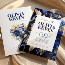 Marinblå & Guld Blommig Akvarell Elegant Bröllop