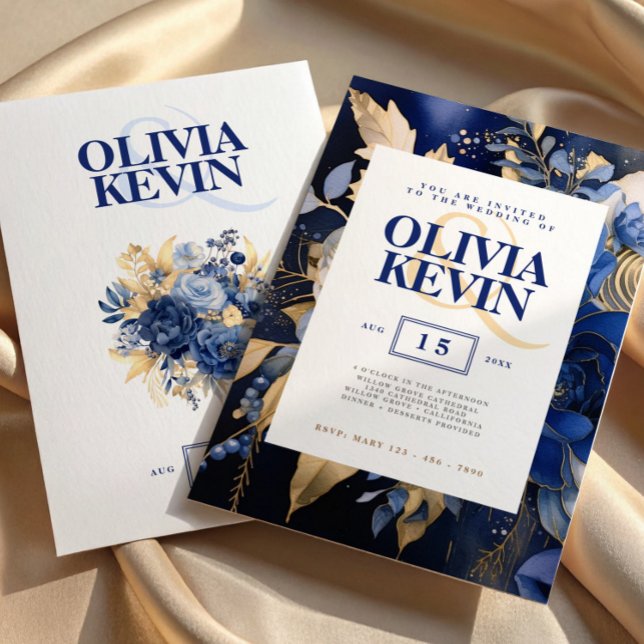 Marinblå & Guld Blommig Akvarell Elegant Bröllop Inbjudningar (Floral Navy Blue & Gold Watercolor Elegant Wedding Invitation, Save The Date, Watercolor Floral)