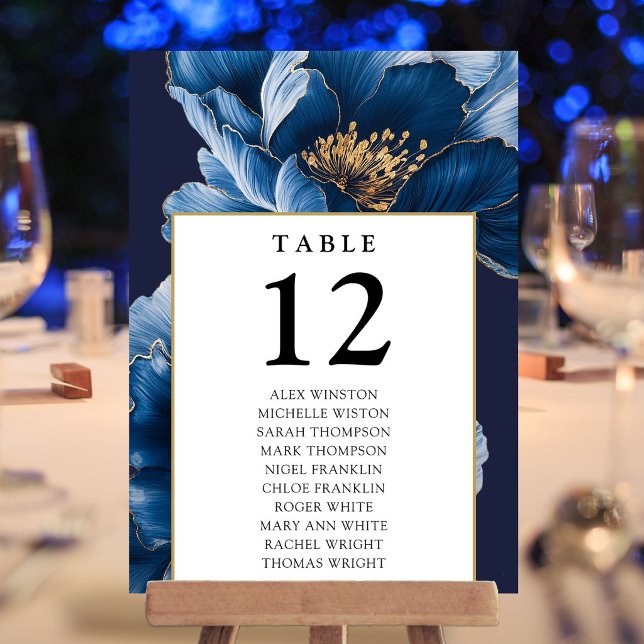 Marinblå Guld Blommig Bordnummer Sittplan Inbjudningar (Navy Blue Gold Floral Table Number Seating Chart)