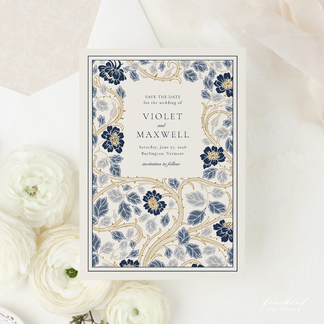 Marinblå Guld Blommig Spara Datum-kort (Navy Gold Floral Art Nouveau Wedding Invitation)
