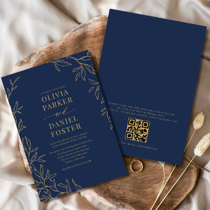 Marinblå Guld Elegant Minimalistisk QR-kod Bröllop Inbjudningar