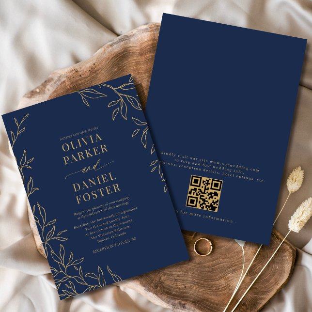 Marinblå Guld Elegant Minimalistisk QR-kod Bröllop Inbjudningar (Skapare uppladdad)