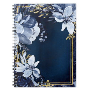 Marinblå & Guld Elegant Modernt Akvarell Blommigt Anteckningsbok