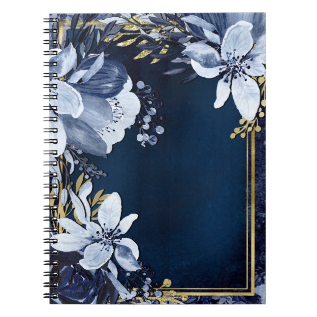Marinblå & Guld Elegant Modernt Akvarell Blommigt Anteckningsbok (Framsidan)