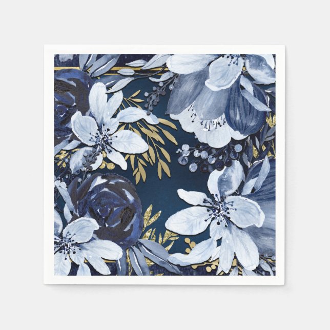 Marinblå & Guld Elegant Modernt Akvarell Blommigt Pappersservett (Framsidan)