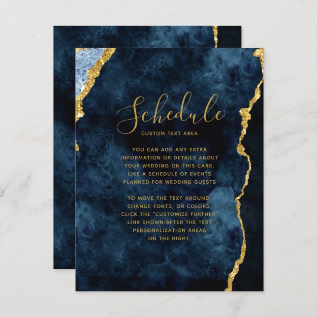 Marinblå Guld Folie Agat Marmor Bröllopsschema Inbjudningar (Fram/baksida)