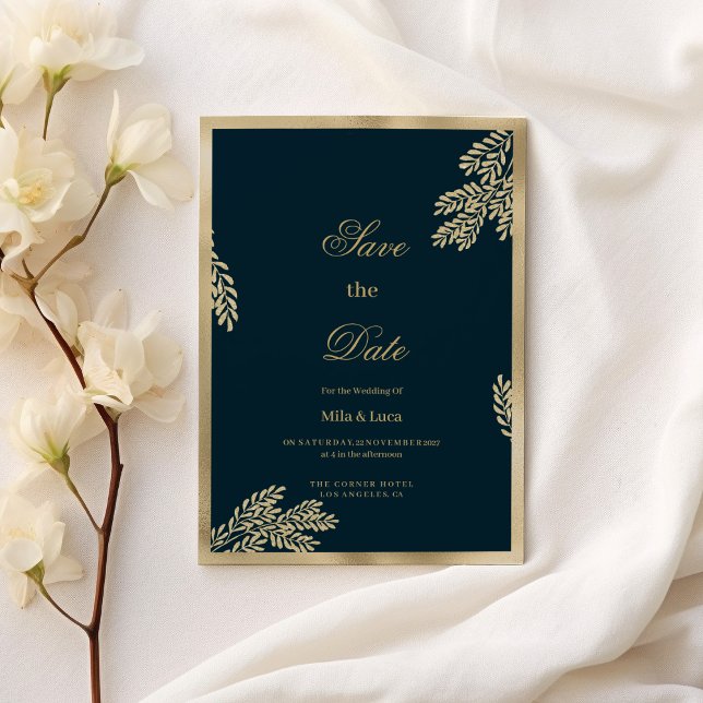 Marinblå guld glitter blad blomsterlig Save the Da Inbjudningar (Navy blue gold glitter leaf floral Save the Date)