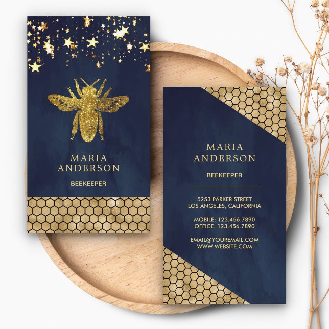Marinblå Guld Glitter Honungsbi Bihandledare Visitkort (Skapare uppladdad)
