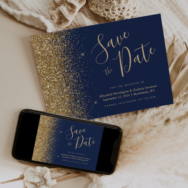 Marinblå Guld Glitter Skript Spara Datumet Inbjudningar (Skapare uppladdad)