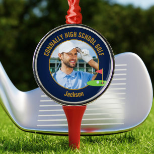Marinblå Guld Golfspelare Foto Gymnasie Golf Lag Julgransprydnad Metall