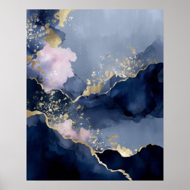 Marinblå Guld Modern Abstrakt Väggkonst (Framsidan)