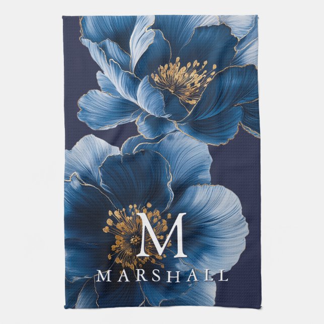 Marinblå Guld Modern Blommig Monogram Familjenamn Kökshandduk (Vertikal)