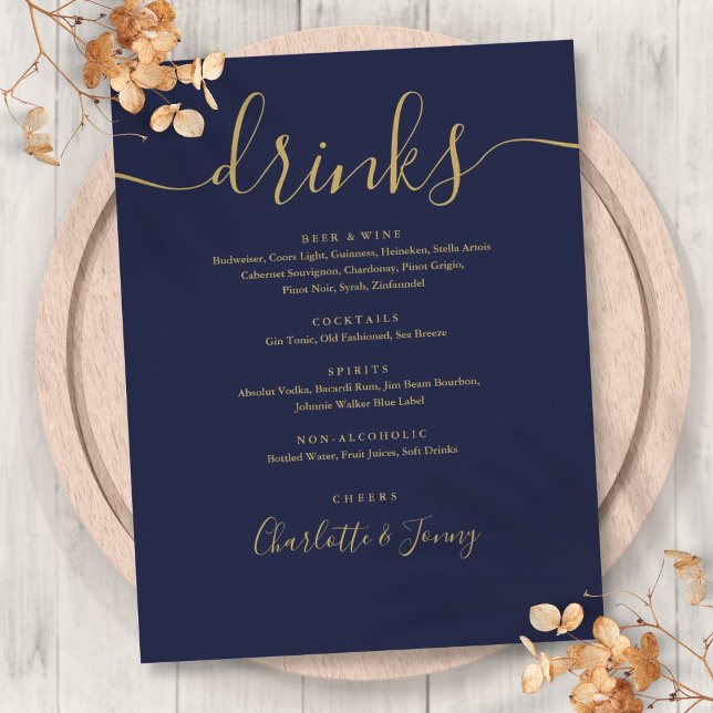 Marinblå Guld Modernt Skript Bröllopsdryckesmeny Reklamblad (Navy Blue Gold Modern Script Wedding Drinks Menu Flyer)