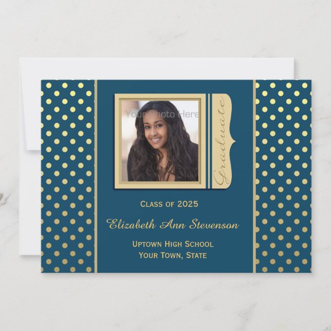 Marinblå guld- polka dots, studentenfoto inbjudningar (Framsida)