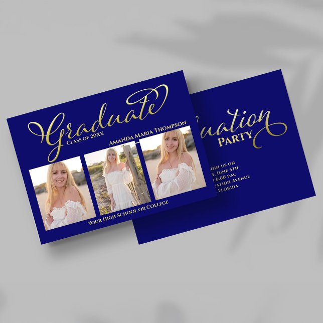 Marinblå Guld Script Foto Collage Examen Inbjudningar (Navy blue and gold script graduation photo collage announcement with three senior portraits.)