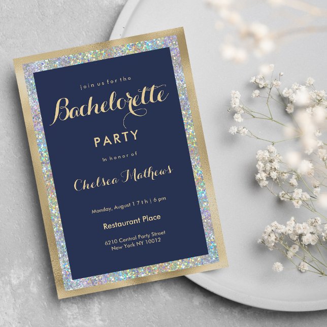Marinblå guld silver holografisk Möhippa  Inbjudningar (Navy blue gold silver holographic Bachelorette )