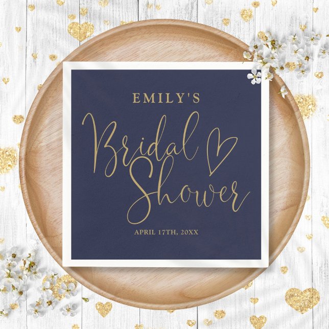 Marinblå Guld Skrift Kalligrafi Bröllopsdusch Pappersservett (Navy Blue Gold Script Calligraphy Bridal Shower Napkins)