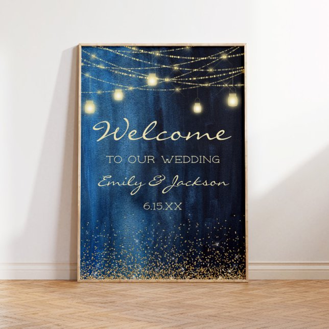 Marinblå Guld Strängljus Bröllop Välkommen Poster (Navy blue and gold string lights wedding welcome poster)