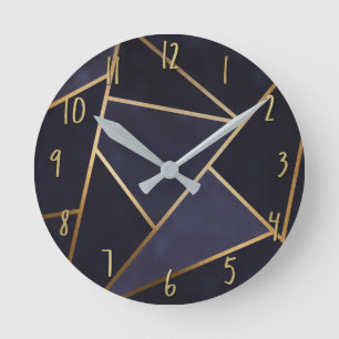 Marinblå Guld Trianglar Geometrisk Elegant Klassis Rund Klocka