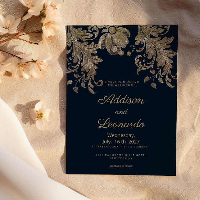 Marinblå guldbroderi blommig lyxbröllop inbjudningar (Navy blue gold lace floral luxury wedding )