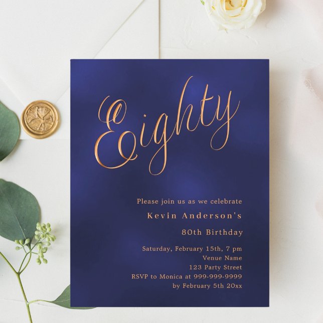 Marinblå guldskrift 80-års födelsedagsinbjudan (Skapare uppladdad)
