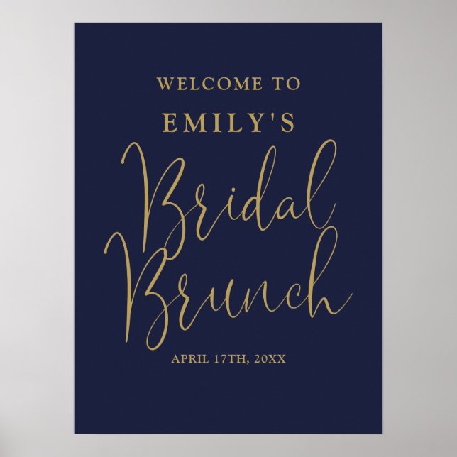 Marinblå Guldskrift Bröllopsbrunch Välkomstskylt Poster (Framsidan)