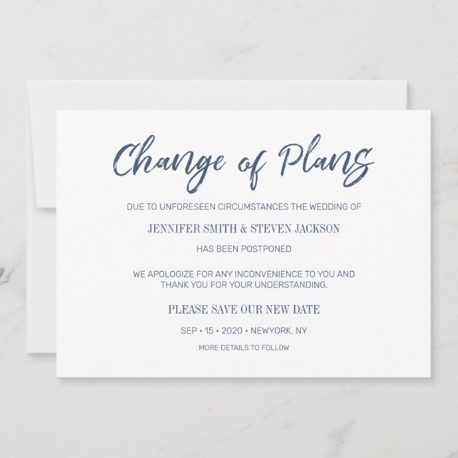 Marinblå handskrivna ändring av planerna meddeland inbjudningar (Framsida)