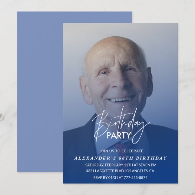 Marinblå herrfoto 88-årsfest inbjudningar (Fram/baksida)