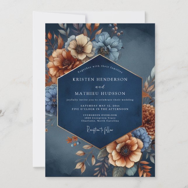 Marinblå Höst Floral Romantisk Bröllop Inbjudningar (Framsida)