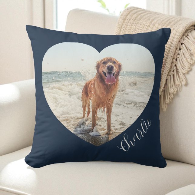 Marinblå Husdjur Hjärtformad Foto Script Personlig Kudde (Navy Blue Pet Heart Photo Script Personalized Dog Throw Pillow)