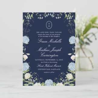 Marinblå Hydrangea Monogram Bröllopsinbjudan Inbjudningar
