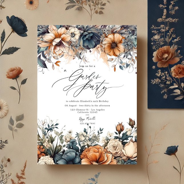 Marinblå, Inbjudningar (Navy Blue, Burnt Orange and Champagne Garden Party Invitation)
