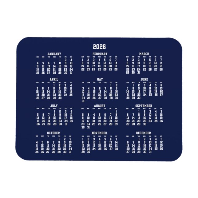 Marinblå Kalender 2026 Liten Flexibel Magnet (Horisontell)