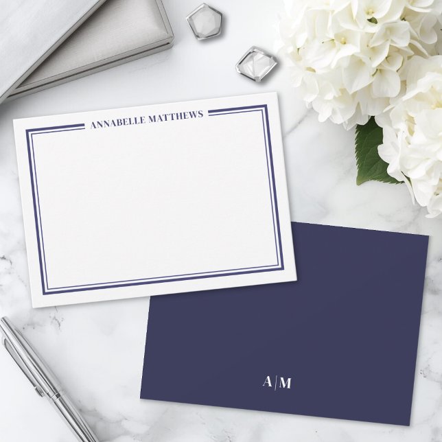 Marinblå Kant Minimalistisk Monogram Anteckningskort (Navy Blue Border Minimalist Name Monogram Note Card)