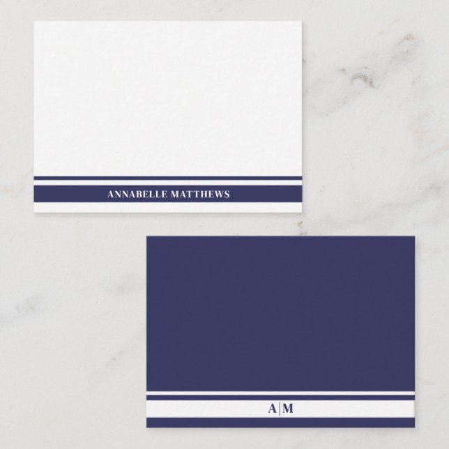 Marinblå Kant Minimalistiskt Namn Monogram Anteckningskort (Fram/baksida)