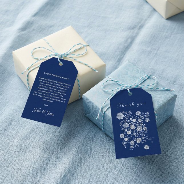 Marinblå kineseri blomster bröllop tack presentetikett (Navy Blue Chinoiserie Floral Wedding Thank You Gift Tags.)