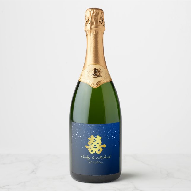 Marinblå kinesisk bröllopsstjärnklar natt Vin Etik (Framsida)